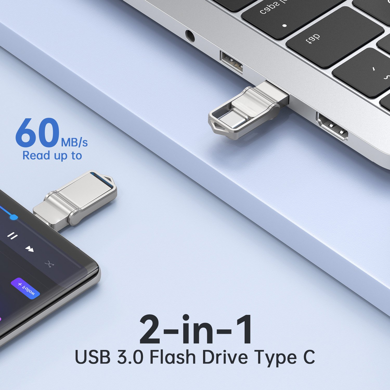 32GB/64GB/128GB Dual USB 3.0 Flash Drive, OTG Memory Photo Stick, Flash Pen Drive for PC / Mac / USB C Smartphone / Game Console, Silver