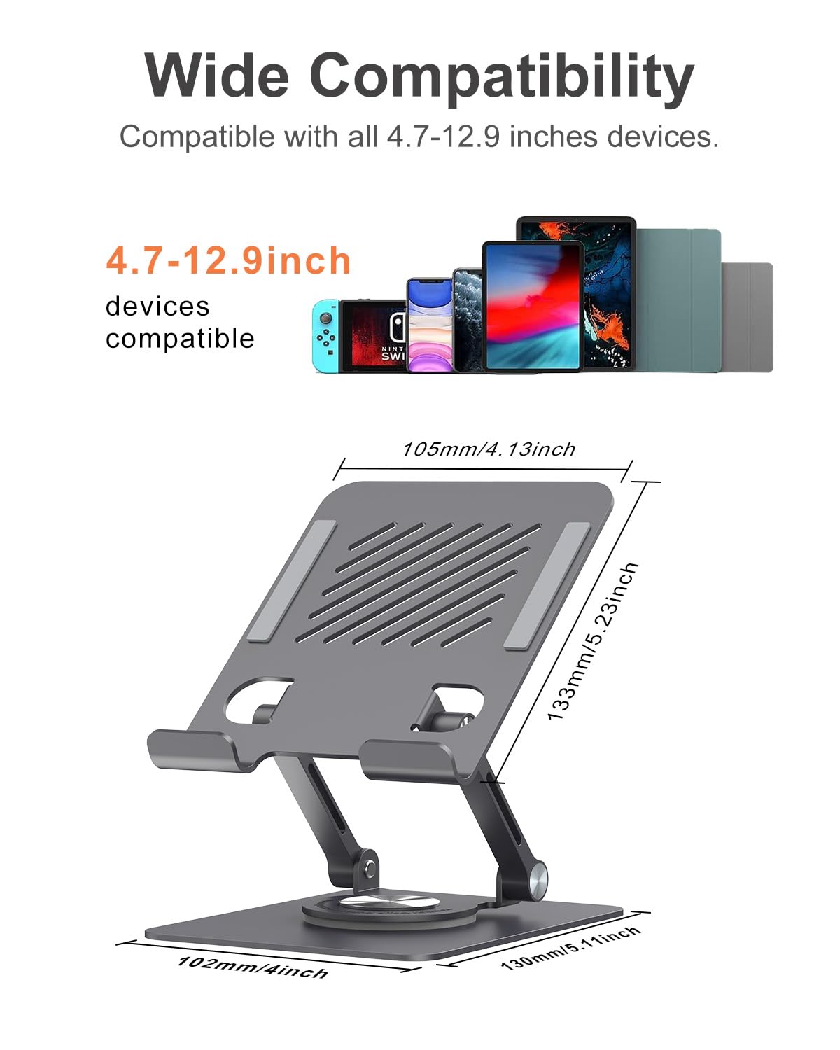 Swivel Tablet Stand with 360 Rotating Base, Adjustable & Foldable Tablet Holder, Compatible with iPad/Pro/Air/Mini, Tablets, iPhone 15 Pro, Switch and More 4.7