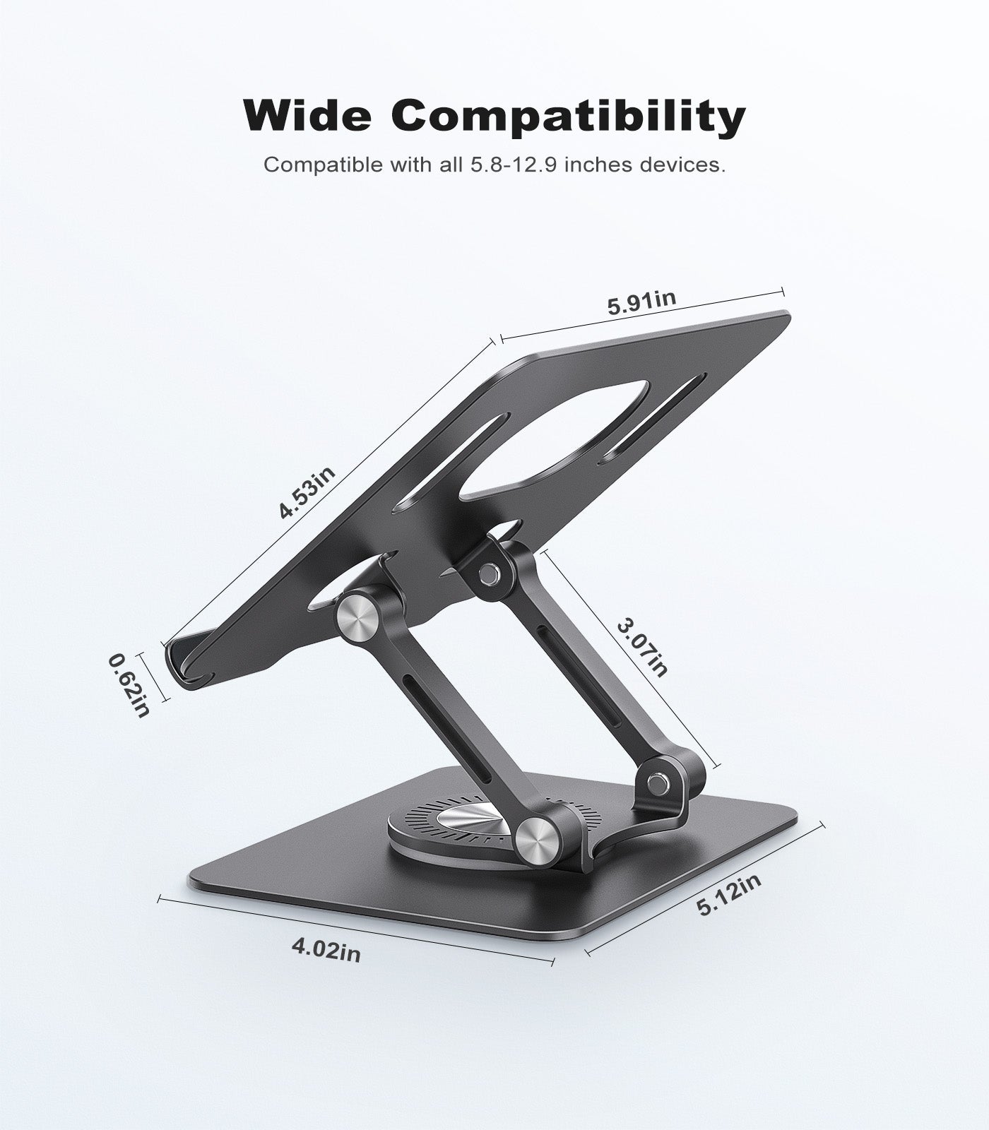 Tablet Stand for Desk Aluminum Adjustable Universal iPad Holder with 360 Swivel Base - Black/Silver