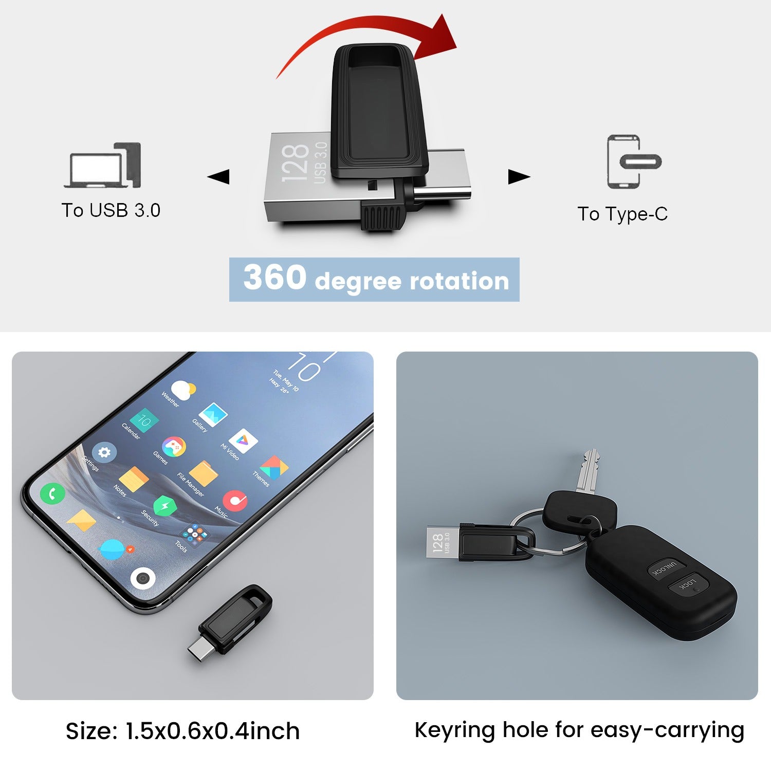 64GB Dual USB C Flash Drive,2-in-1 Type-C+USB 3.0 Thumb Drive,Waterproof Jump Drive OTG Memory Stick