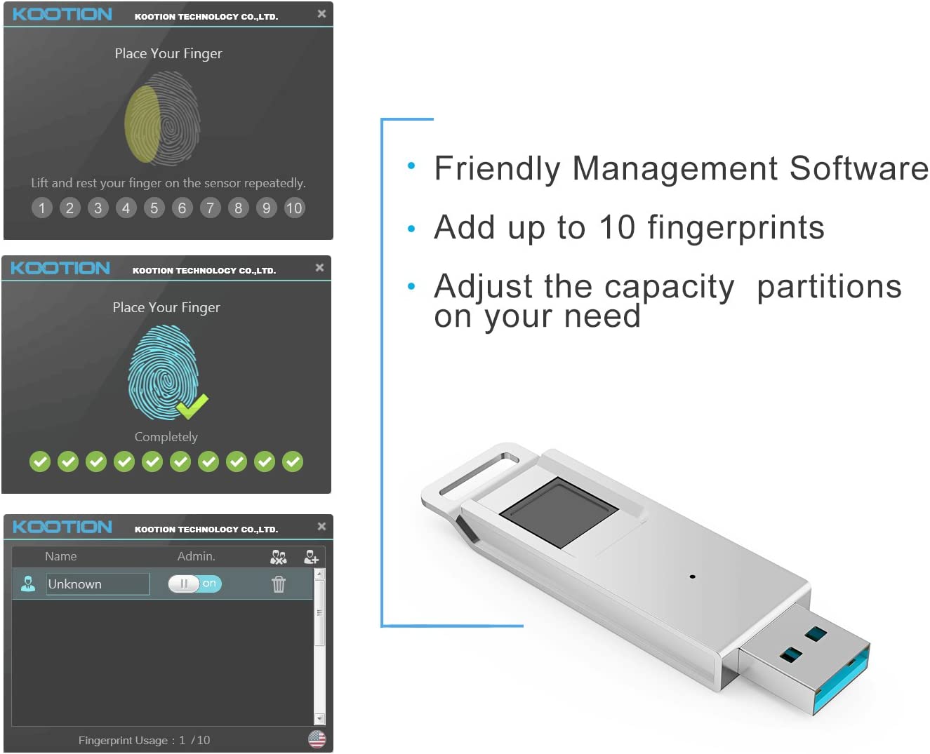 TOPESEL High Speed Recognition Fingerprint Encrypted Flash Drive USB 3.0, Silver