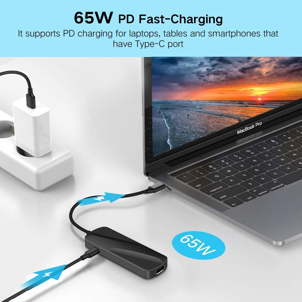 USB C Hub with 65W Fast Charge for Laptop, 2 USB 3.0 Ports, SD/TF Card Reader, 4K HDMI Port