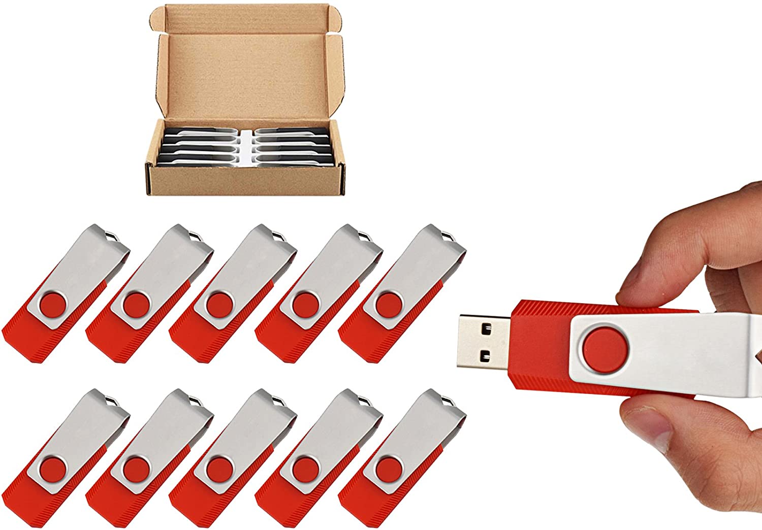 10 Pack 16GB Swivel Design USB 2.0 Flash Drive Red Color