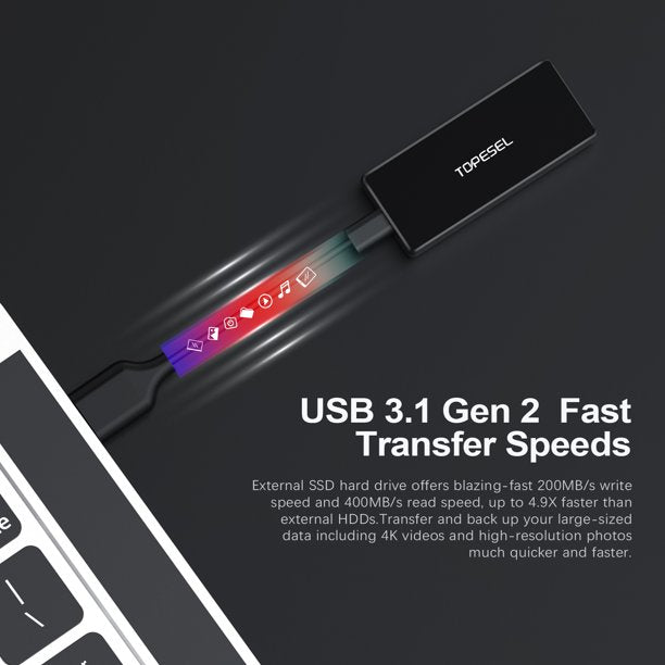 Topesel External SSD  USB-C Portable SSD Up to 540MB/s USB 3.1 Portable Solid State Drive