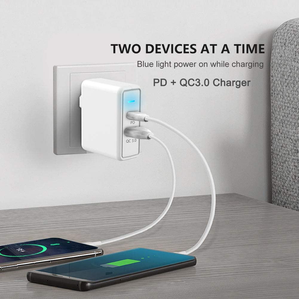 36W Dual USB C Wall Charger USB A & USB C PD & QC 3.0 Fast Charger for iPhone 13 Android