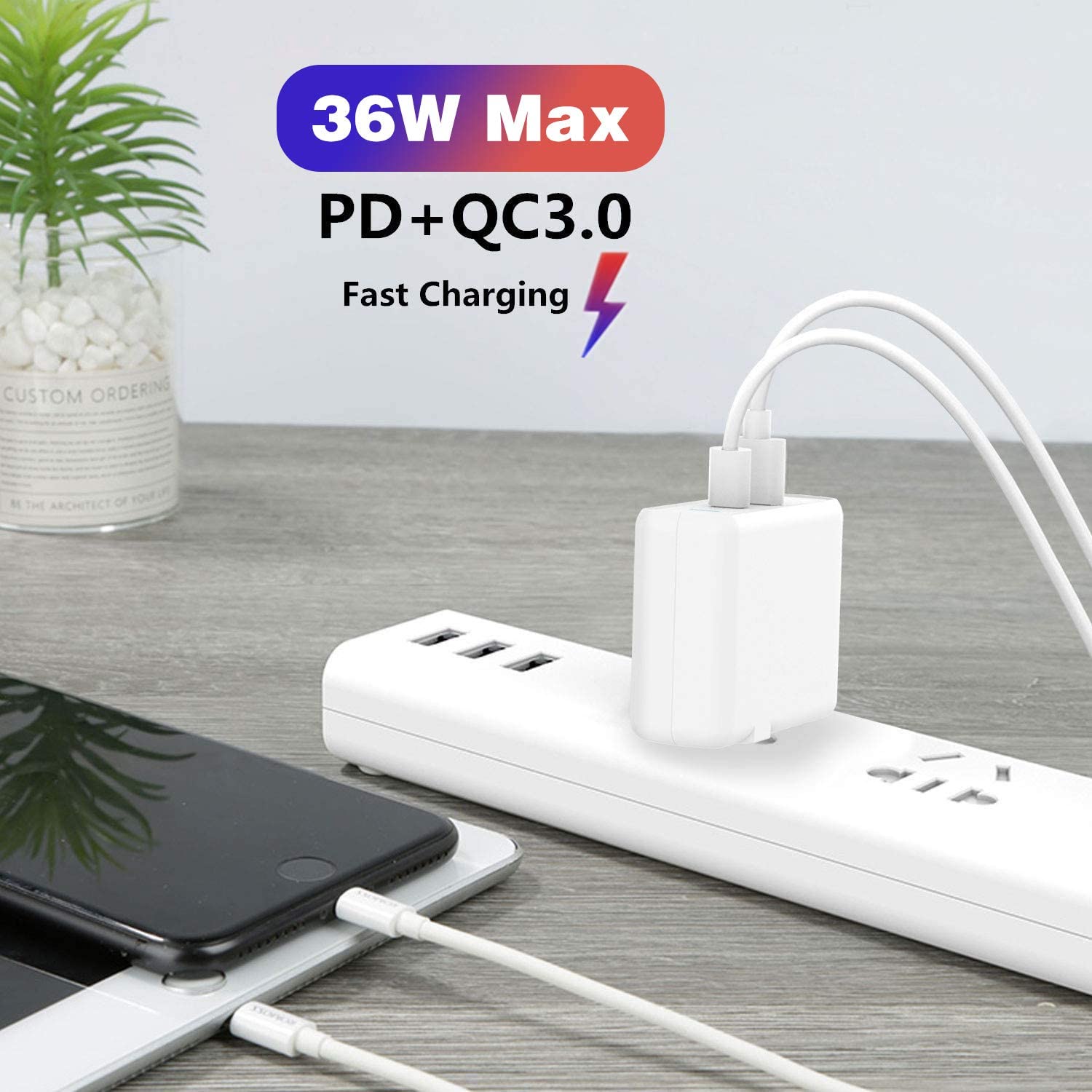 36W Dual USB C Wall Charger USB A & USB C PD & QC 3.0 Fast Charger for iPhone 13 Android