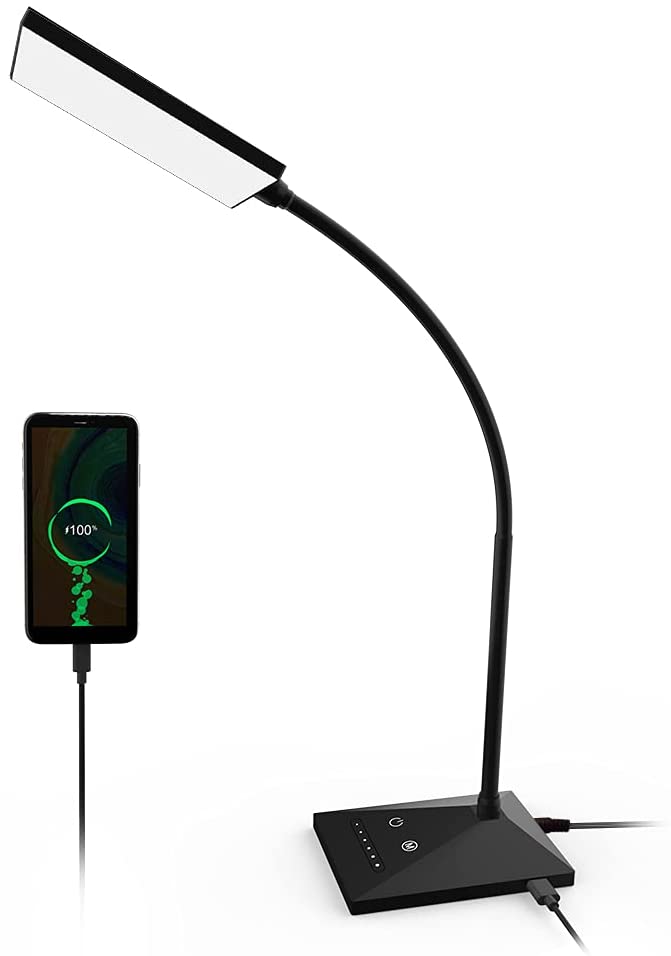 LED Desk Lamp with USB Charging Port, 7 Level Brightness, 5 Color Mode, Adjustable Gooseneck
