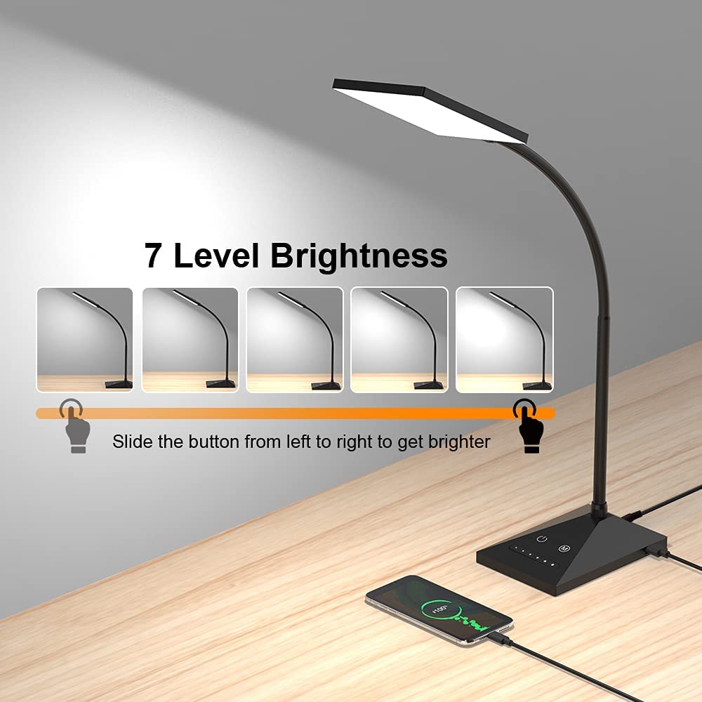 LED Desk Lamp with USB Charging Port, 7 Level Brightness, 5 Color Mode, Adjustable Gooseneck